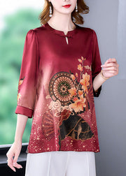 Boutique Red O-Neck Print draping Silk women's Blouse Tops Bracelet Sleeve