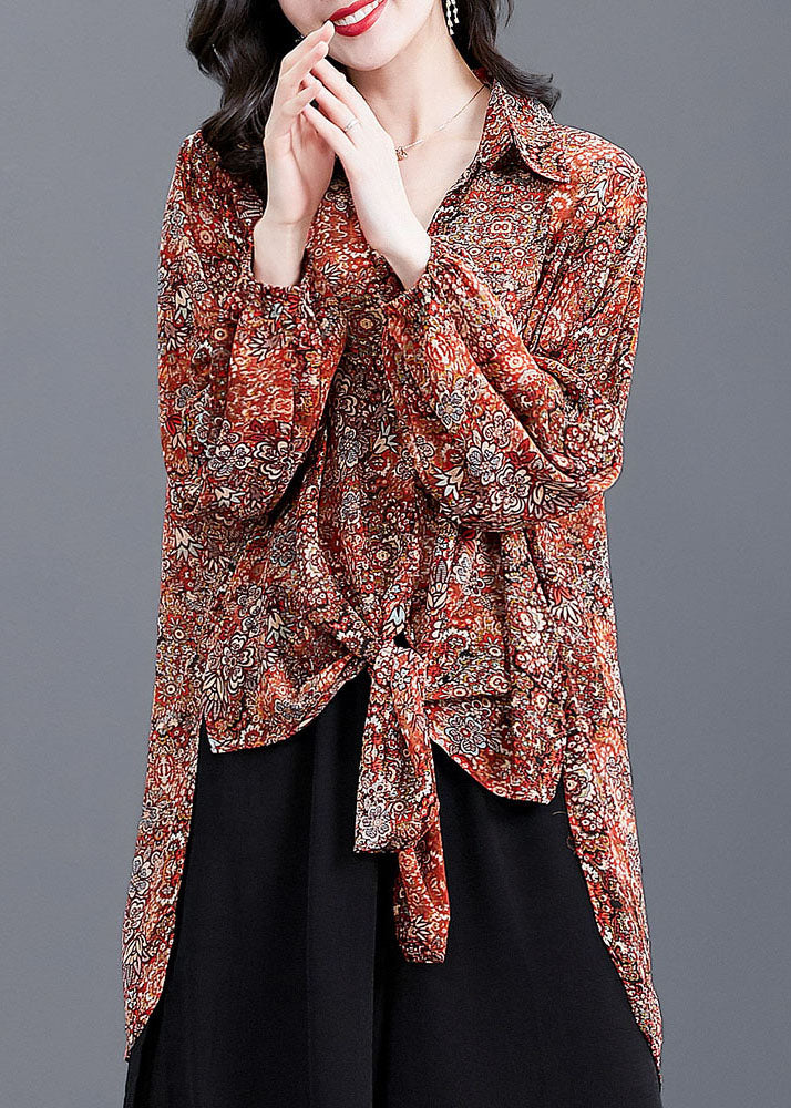 Boutique Red Peter Pan Collar Asymmetrical Design Print Chiffon Long Shirt Long Sleeve