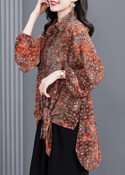 Boutique Red Peter Pan Collar Asymmetrical Design Print Chiffon Long Shirt Long Sleeve