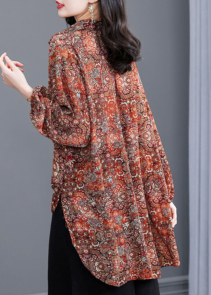 Boutique Red Peter Pan Collar Asymmetrical Design Print Chiffon Long Shirt Long Sleeve