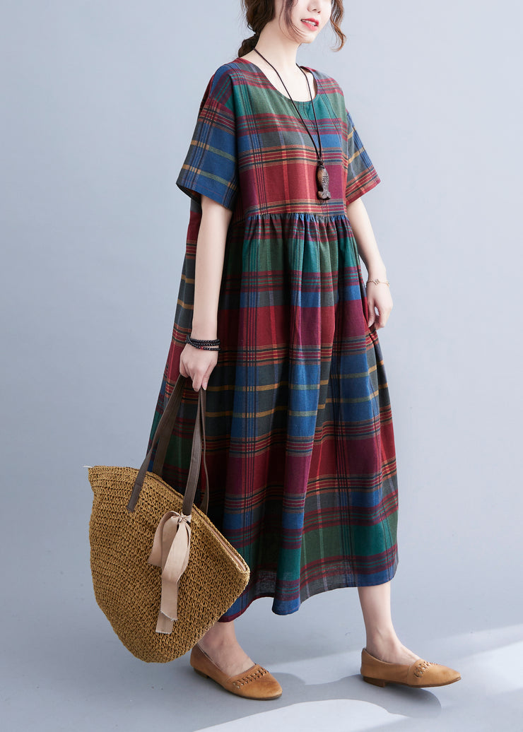 Boutique Red Plaid O-Neck Wrinkled Cotton Long Dress Short Sleeve