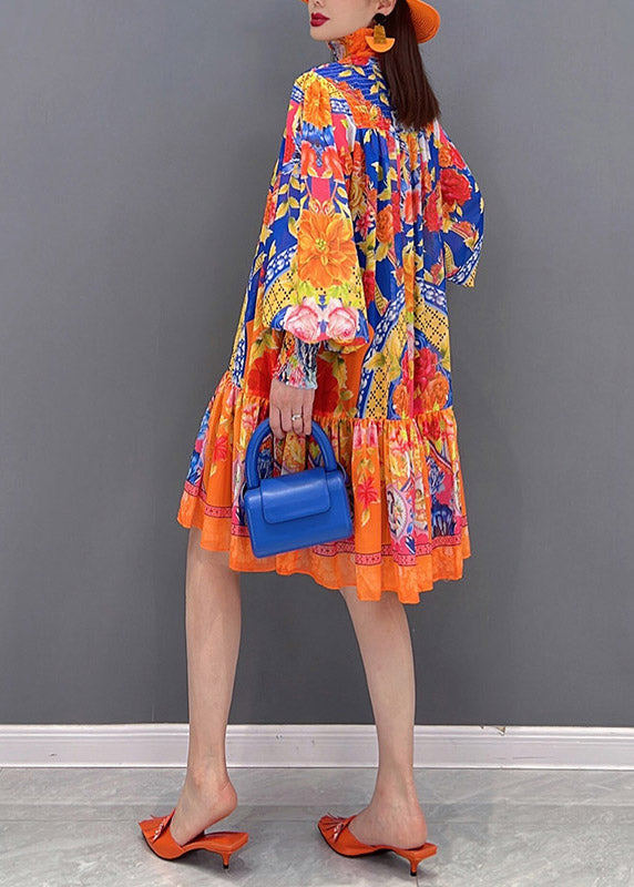 Boutique Stand Collar Print Sashes Wrinkled Chiffon Dress Lantern Sleeve