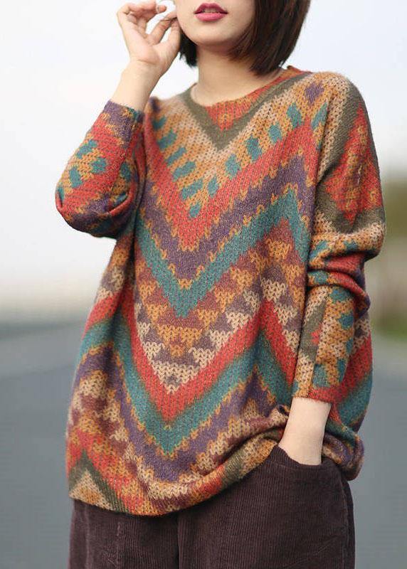 Boutique Striped Print O-Neck Retro Fall Casual Sweater - SooLinen