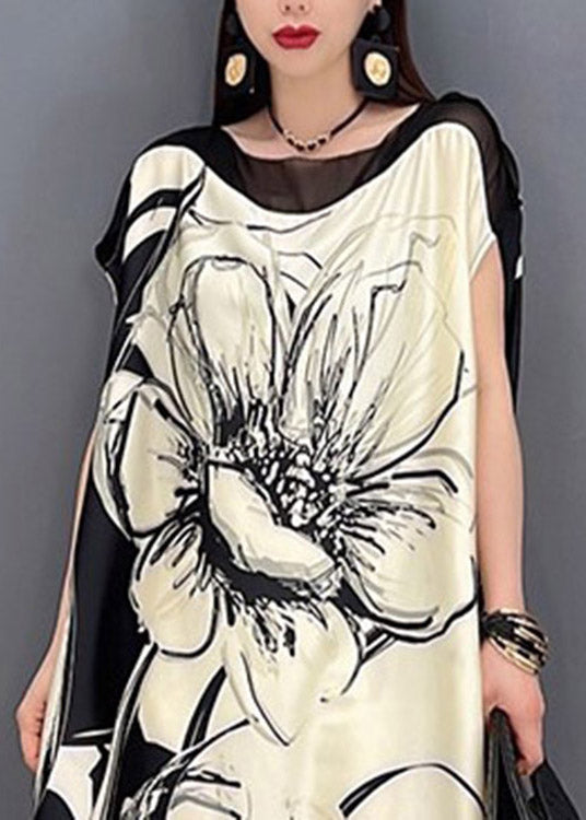 Boutique White O-Neck Print Tie Waist Chiffon Dress Short Sleeve