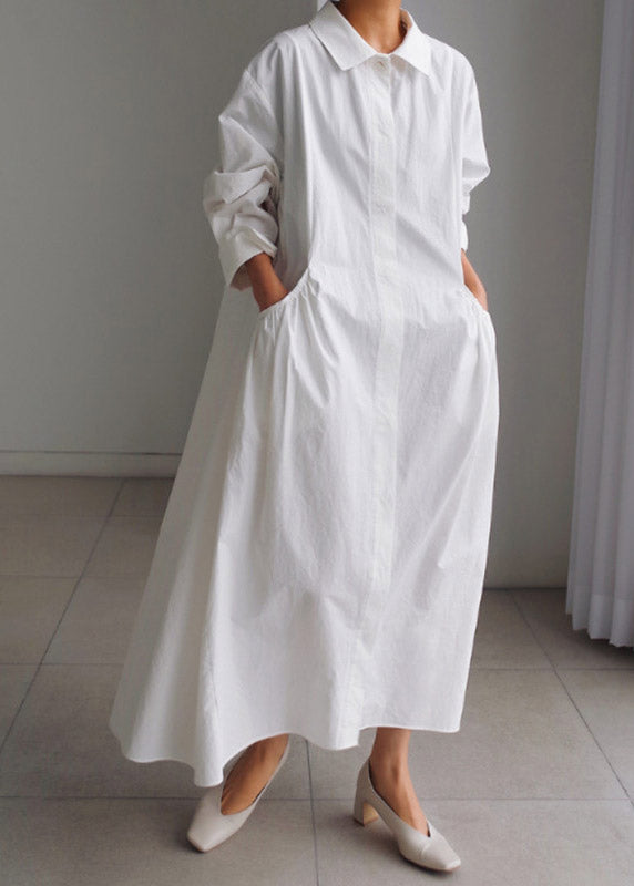 Boutique White Peter Pan Collar Button Cotton Dress Long Sleeve