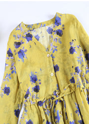 Boutique Yellow Button V Neck Print Linen Shirt Dress Long Sleeve