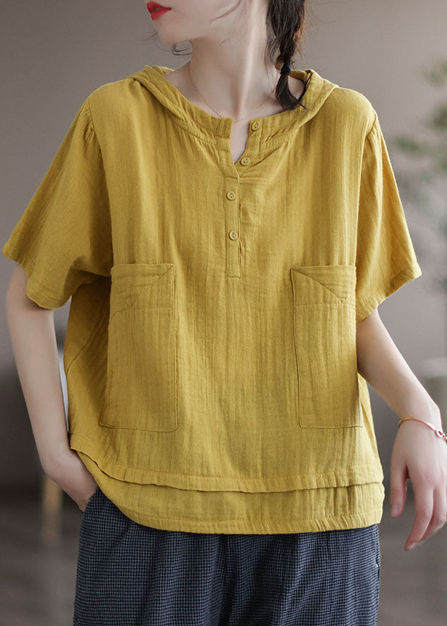 Boutique Yellow Hooded Pockets Cotton Sweatshirts Top Short Sleeve