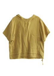 Boutique Yellow Hooded Pockets Cotton Sweatshirts Top Short Sleeve