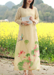 Brief Beige O-Neck Butterfly Floral Print Linen Dresses Long Sleeve