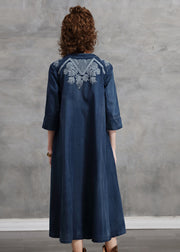 Brief Blue V Neck Embroideried Cotton A Line Dress Half Sleeve