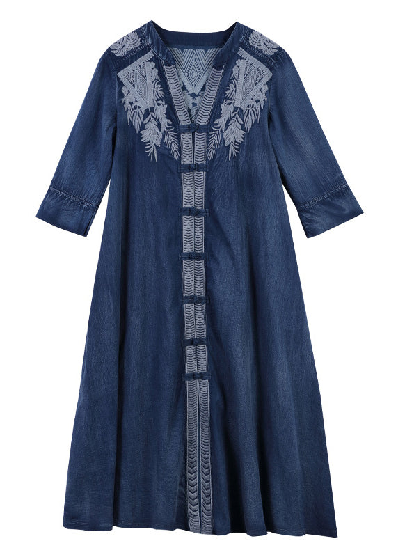 Brief Blue V Neck Embroideried Cotton A Line Dress Half Sleeve