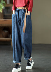 Brief Blue elastic waist Pockets harem Pants Spring