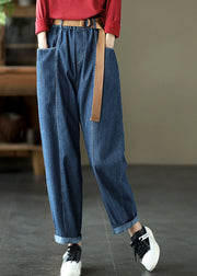 Brief Blue elastic waist Pockets harem Pants Spring