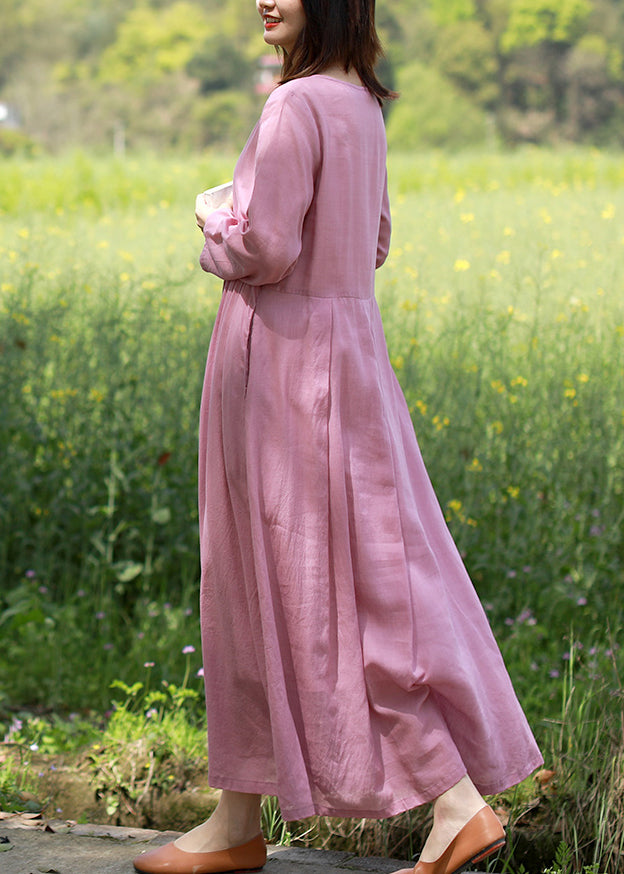 Brief Pink O-Neck tie waist wrinkled Linen Dresses Long Sleeve