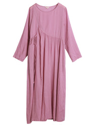 Brief Pink O-Neck tie waist wrinkled Linen Dresses Long Sleeve