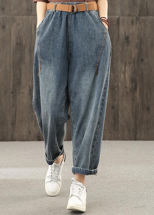 Bright line decoration retro washed denim autumn new casual trousers - SooLinen