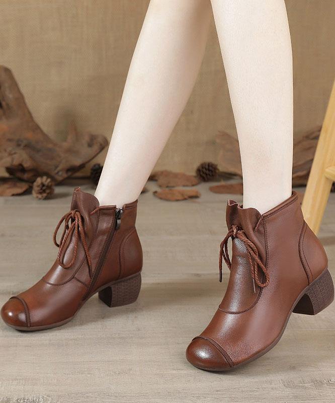 Brown Chunky Cowhide Leather Simple Splicing Ankle boots - SooLinen