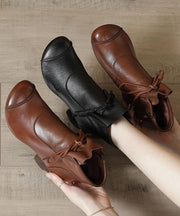 Brown Chunky Cowhide Leather Simple Splicing Ankle boots - SooLinen