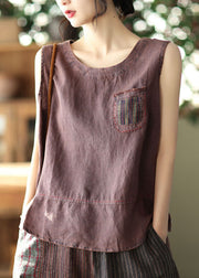 Brown Pocket Patchwork Linen Tanks O-Neck Sleeveless