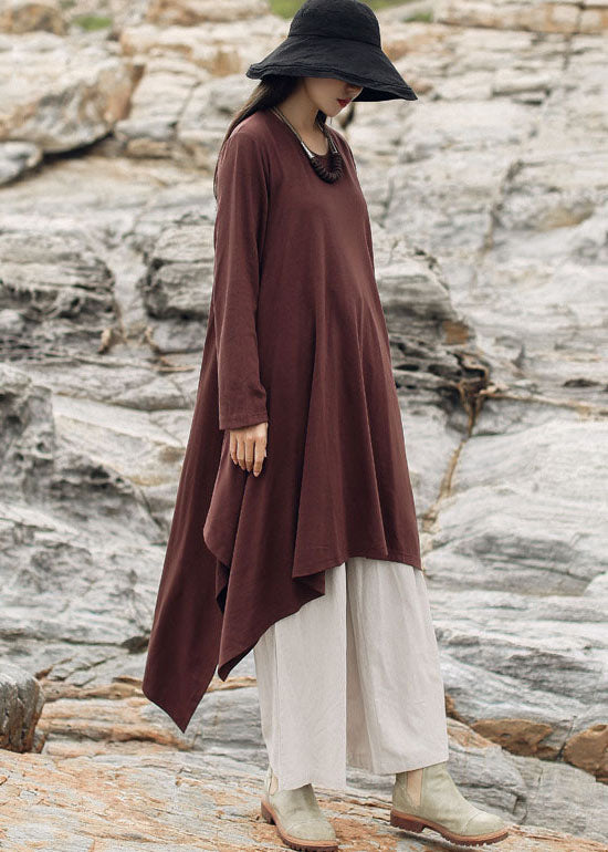 Brown Pockets Cotton Dress Asymmetrical Spring