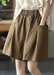 Brown Pockets Linen Wide Leg Shorts Elastic Waist Summer