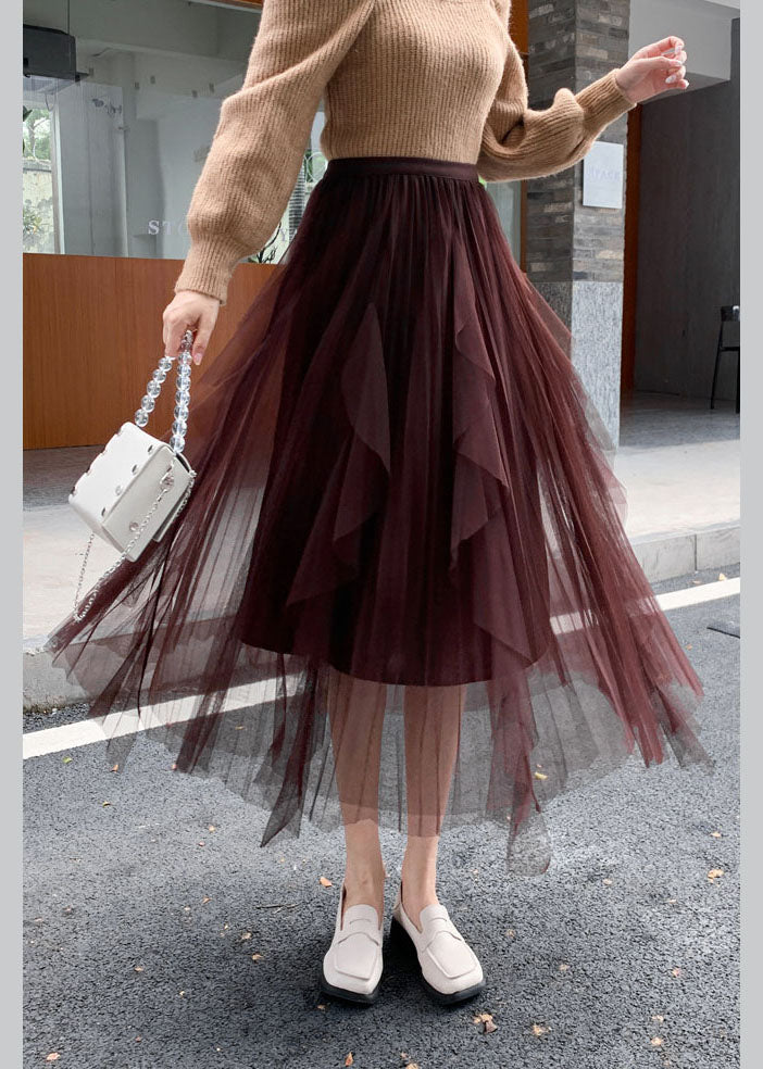 Brown tulle Asymmetrical pleated skirt Spring