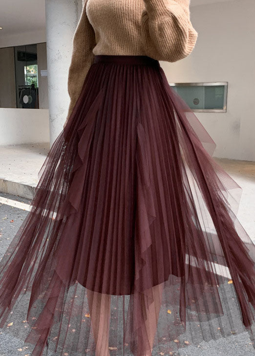 Brown tulle Asymmetrical pleated skirt Spring