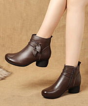 Brown zippered Cowhide Leather Boots Splicing Boots - SooLinen