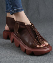 Brown zippered Flat Sandals Platform Walking Sandals - SooLinen