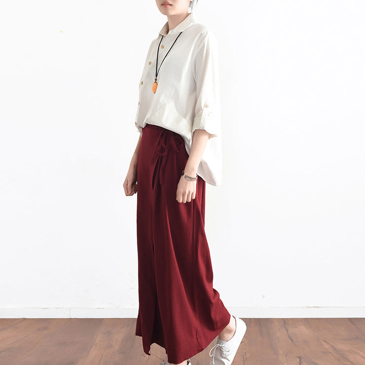 Burgundy asymmetric linen crop pants oversize wide leg pants trousers