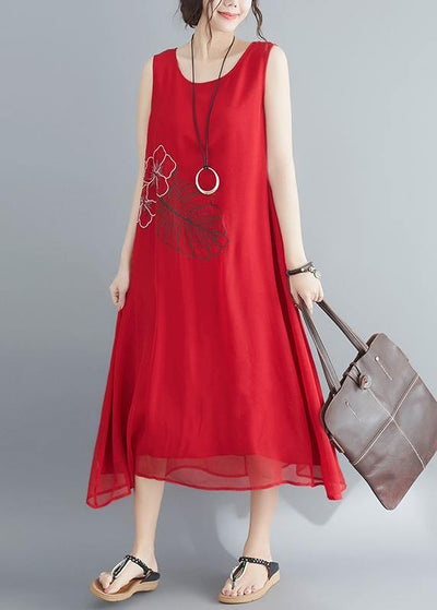 Buy red cotton blended Robes Women Shirts Sleeveless embroidery long Summer Dress - SooLinen