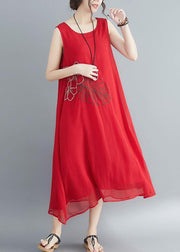 Buy red cotton blended Robes Women Shirts Sleeveless embroidery long Summer Dress - SooLinen