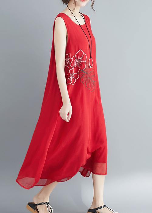 Buy red cotton blended Robes Women Shirts Sleeveless embroidery long Summer Dress - SooLinen