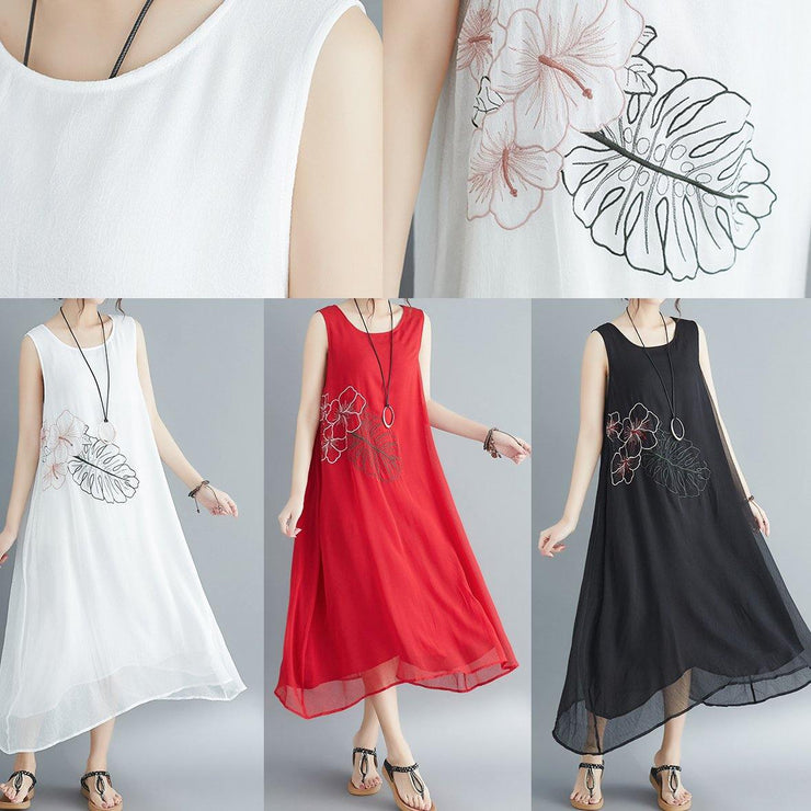 Buy red cotton blended Robes Women Shirts Sleeveless embroidery long Summer Dress - SooLinen