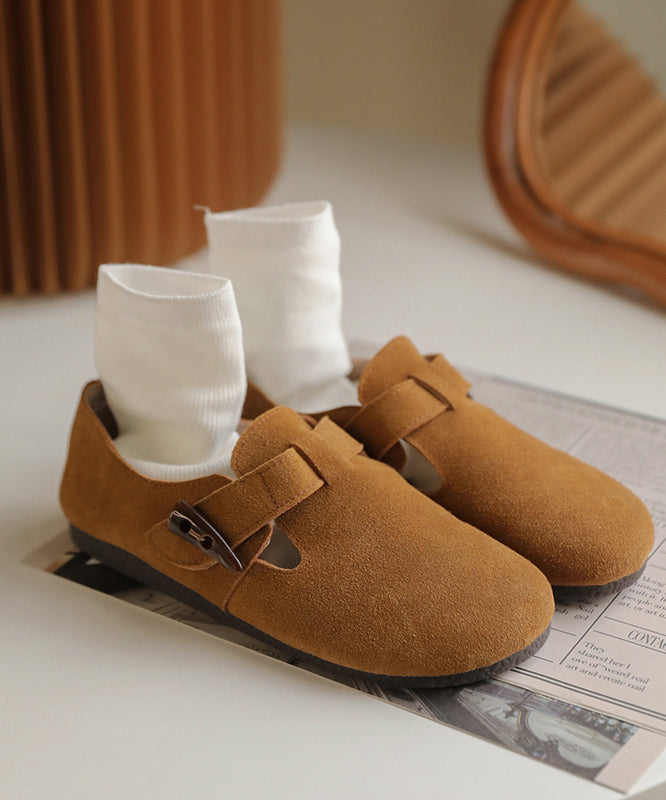 Camel Flat Feet Shoes Suede Cowhide Leather Buckle Strap Flats