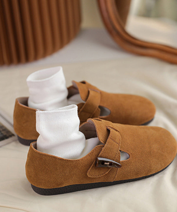 Camel Flat Feet Shoes Suede Cowhide Leather Buckle Strap Flats