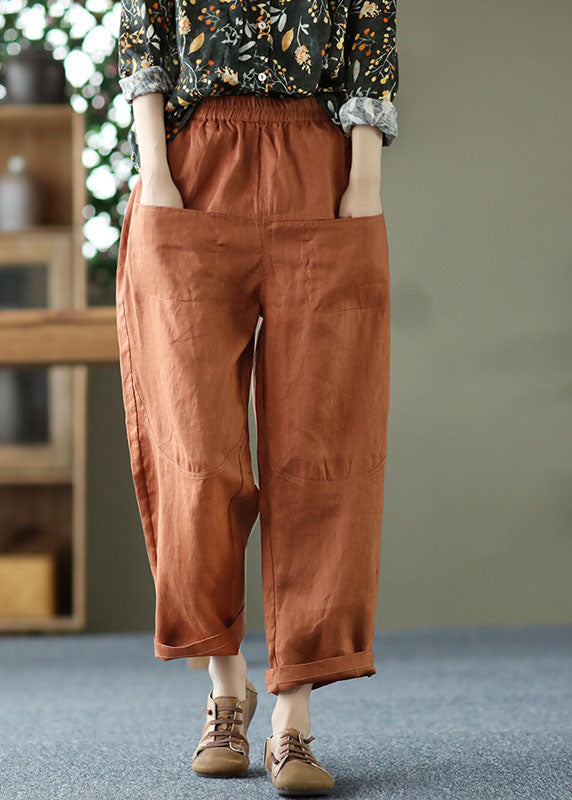 Caramel Solid Linen Harem Pants High Waist Pockets Summer