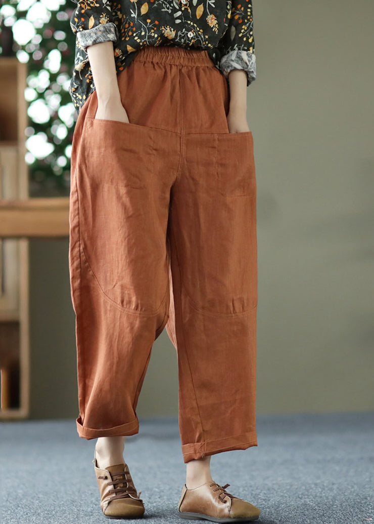 Caramel Solid Linen Harem Pants High Waist Pockets Summer