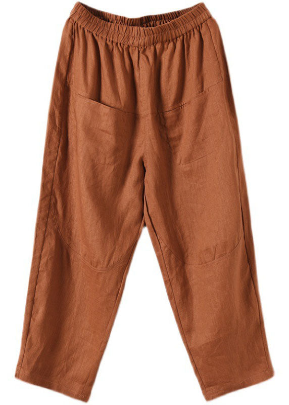 Caramel Solid Linen Harem Pants High Waist Pockets Summer