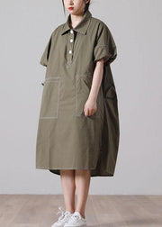 Casual Army Green Peter Pan Collar Button Maxi Summer Cotton Dress - SooLinen