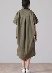 Casual Army Green Peter Pan Collar Button Maxi Summer Cotton Dress - SooLinen