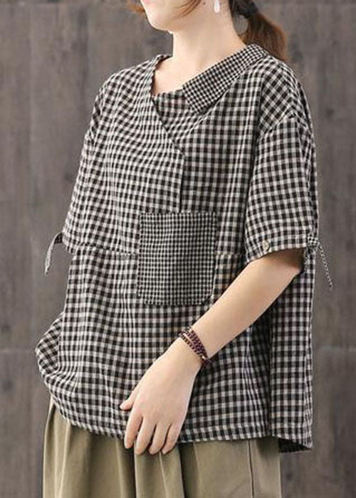 Casual Black Asymmetrical Plaid Cotton Blouses Half Sleeve