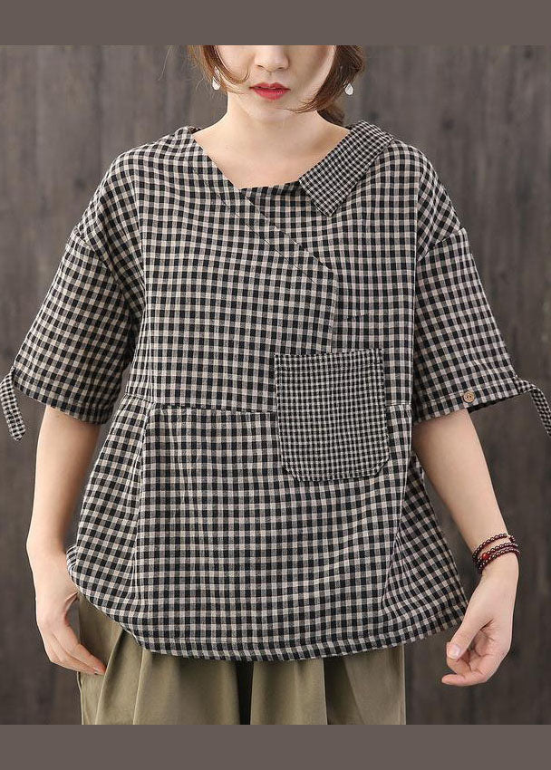 Casual Black Asymmetrical Plaid Cotton Blouses Half Sleeve