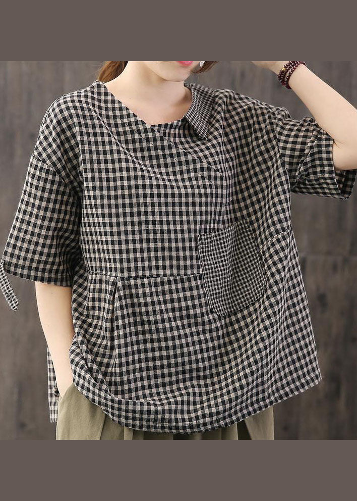 Casual Black Asymmetrical Plaid Cotton Blouses Half Sleeve