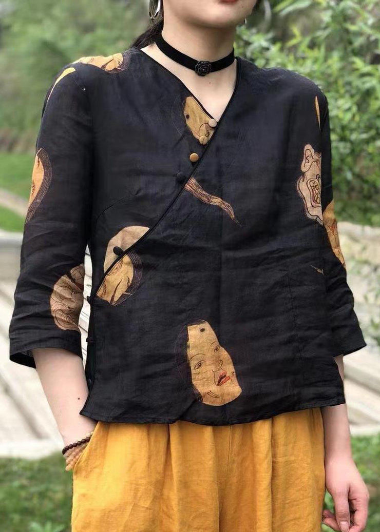 Casual Black Button Print Linen Shirt Top Half Sleeve