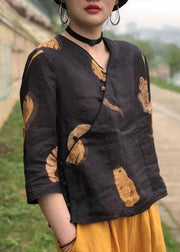 Casual Black Button Print Linen Shirt Top Half Sleeve