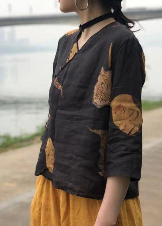 Casual Black Button Print Linen Shirt Top Half Sleeve