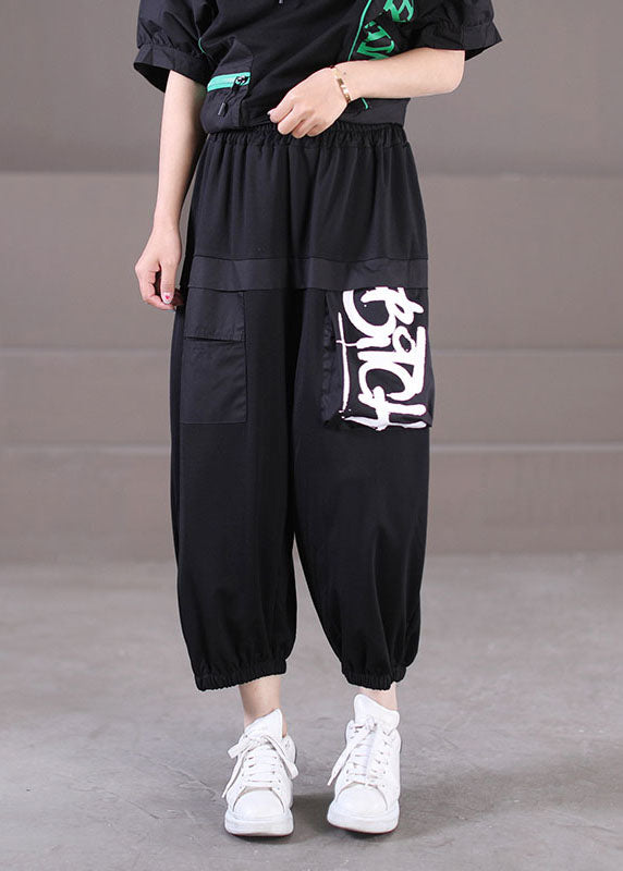 Casual Black Elastic Waist Pockets Letter Print Cotton Crop Pants Summer