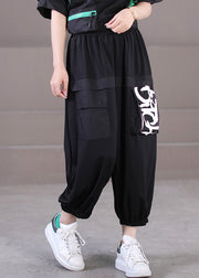 Casual Black Elastic Waist Pockets Letter Print Cotton Crop Pants Summer