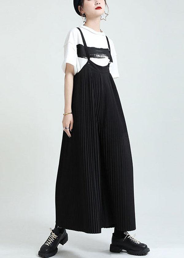 Casual Black High Waist Wrinkled Wide Leg Summer Jumpsuit - SooLinen